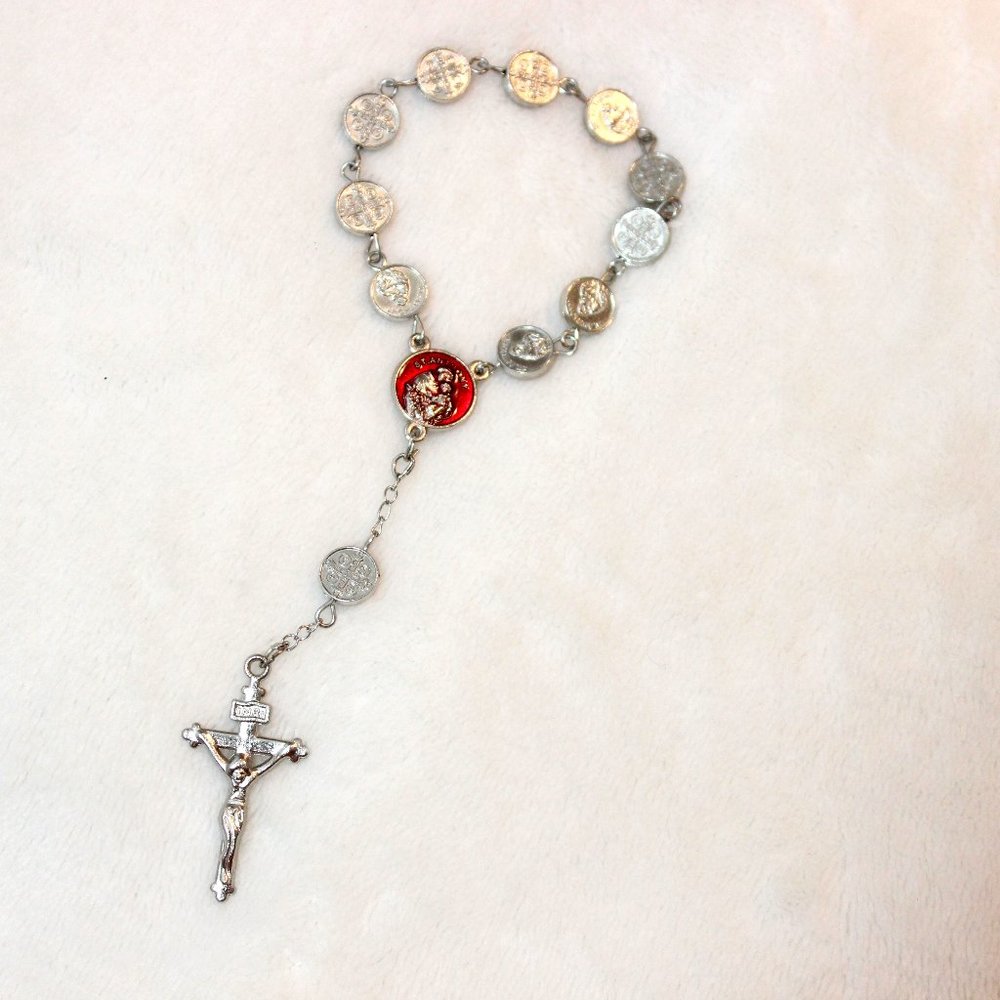 Red Vintage Silver Saint Anthony Discs Prayer Bracelet with INRI Crucifix - 8"